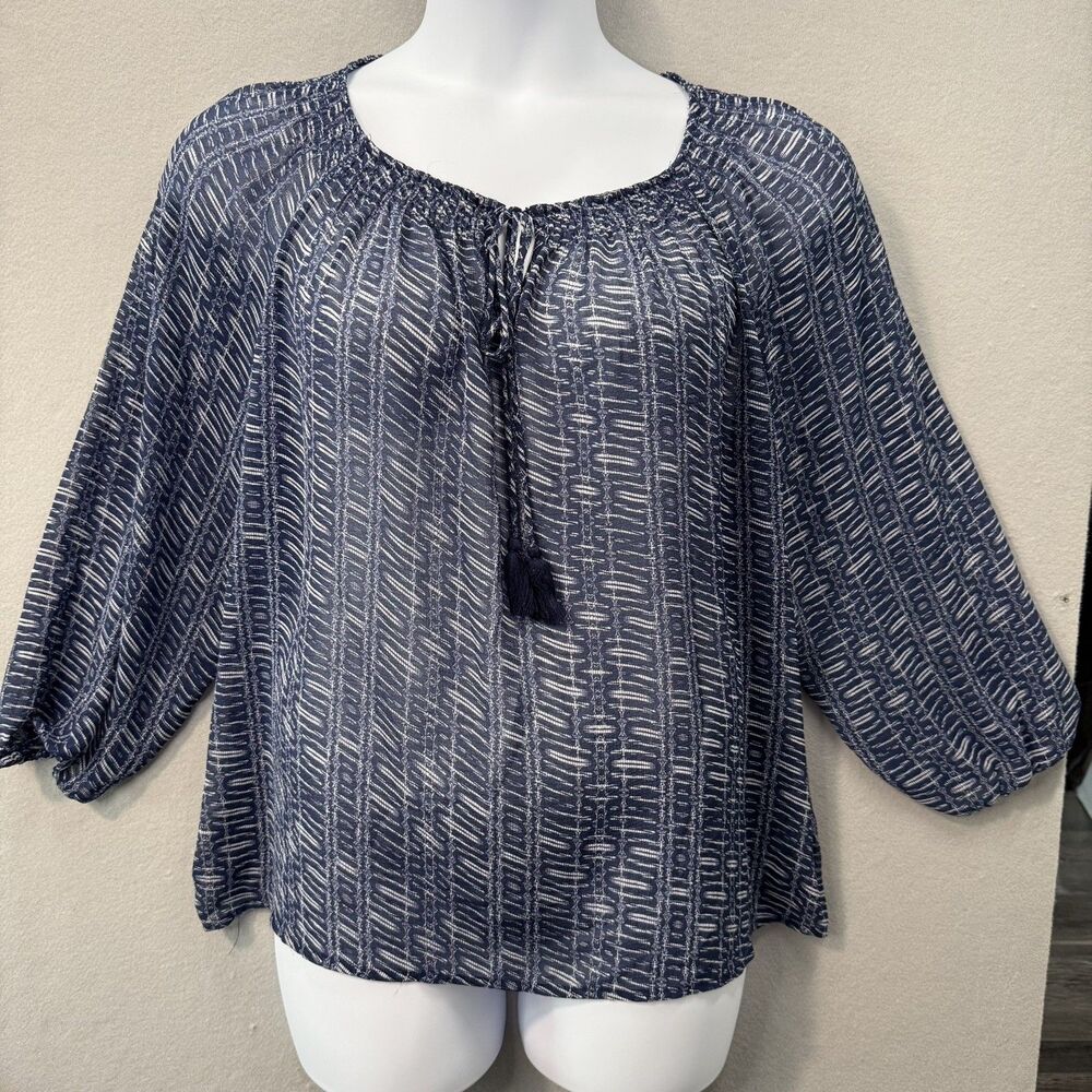 Daisy Fuentes Peasant Blouse XL Blue White Pattern Sheer Boho Tassel Top Casual